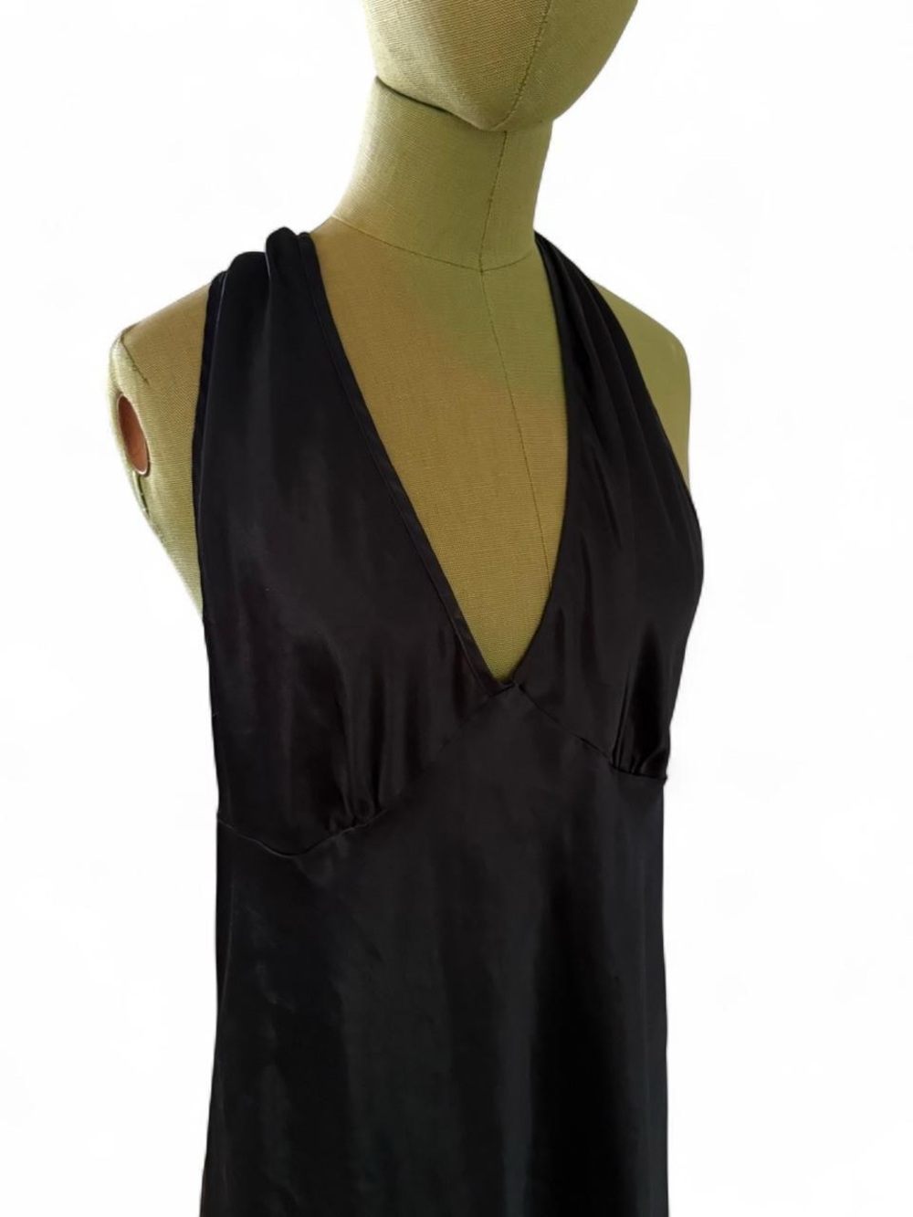 Vintage California Dynasty Black Satin Halter Dress Plunge Cutout Size L - Picture 2 of 6